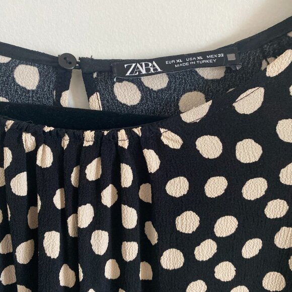Zara Women’s Top Black Beige Polka Dot Peplum Hem Blouse Size XL - Picture 3 of 8